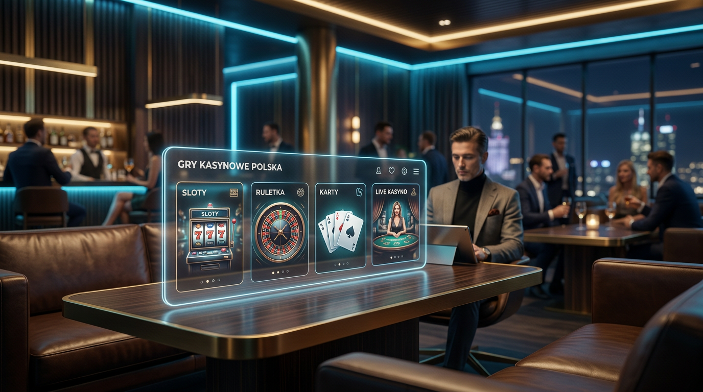 Futurystyczne i eleganckie lobby kasyna online z neonowym oświetleniem