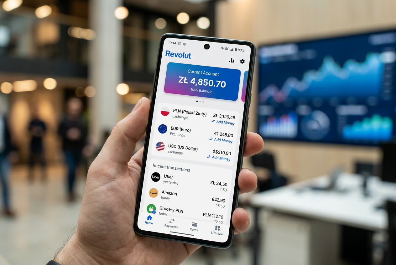 Interfejs aplikacji Revolut na smartfonie wyświetlający konta walutowe