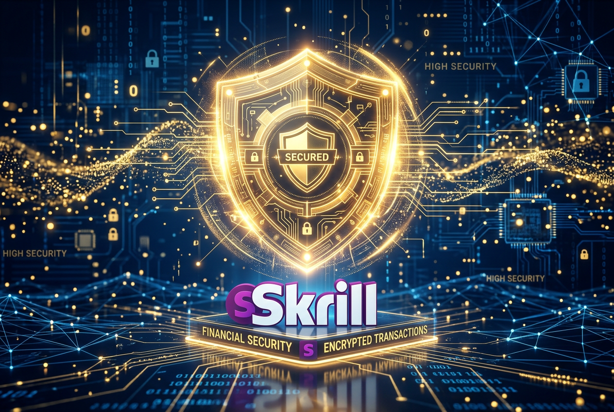 Cyfrowa tarcza ochronna symbolizująca bezpieczne płatności Skrill w kasynach online